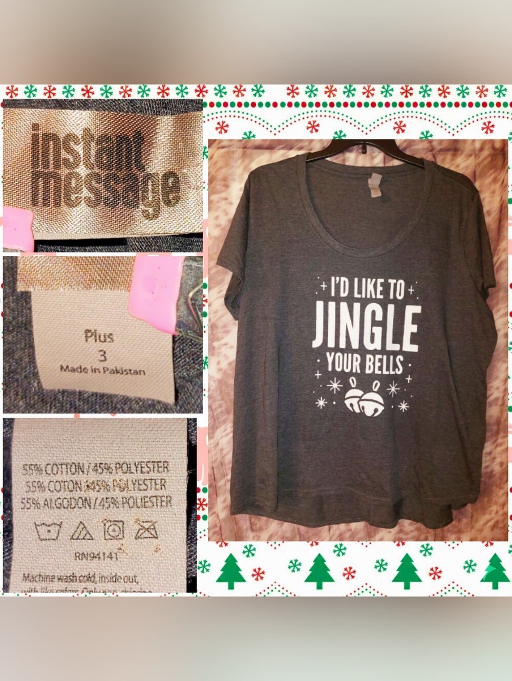 Instant Message Dk Gray & Wht Christmas Themed Graphic Print Knit T-Shirt Sz 3X